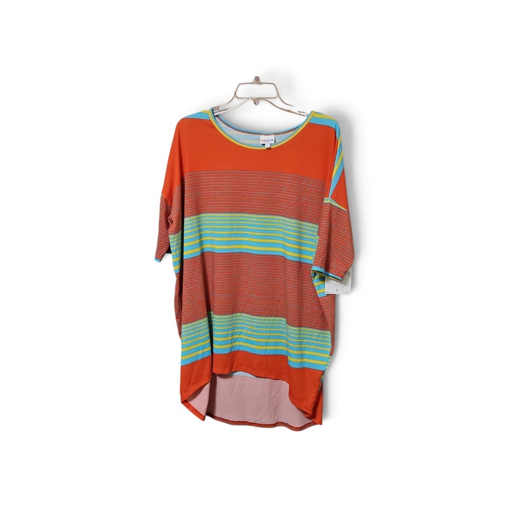 LuLaRoe Irma Top Women Orange Turquoise Striped High Low Hem Tee Large  0416